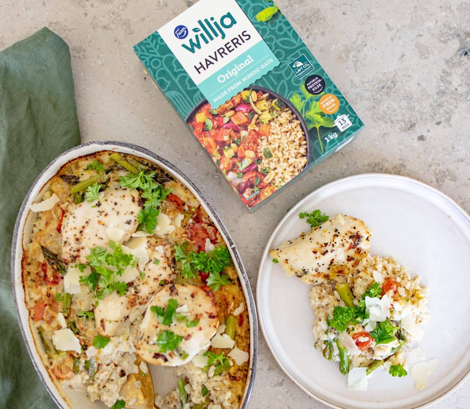 bagte havreris med kylling og asparges