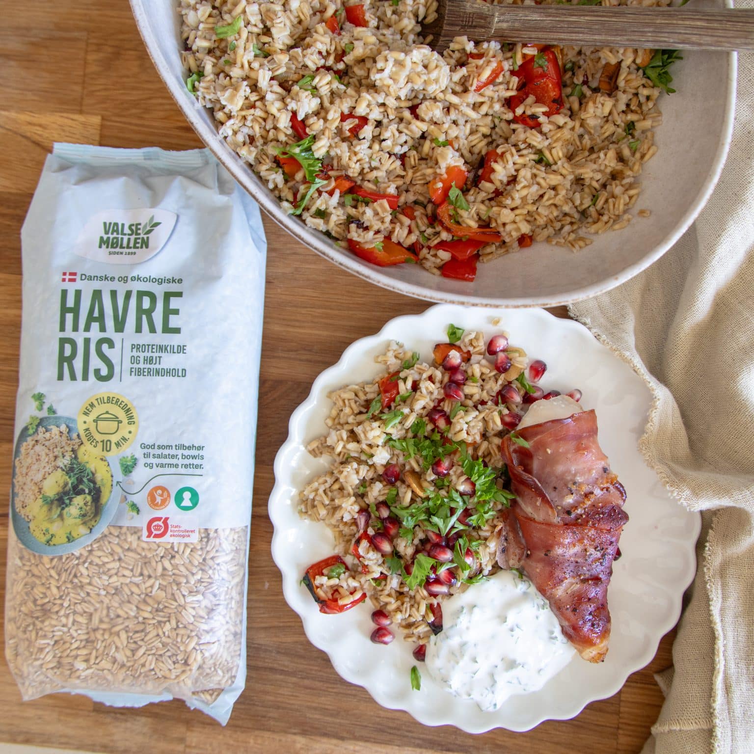 Havreris med bagt peberfrugt og kylling