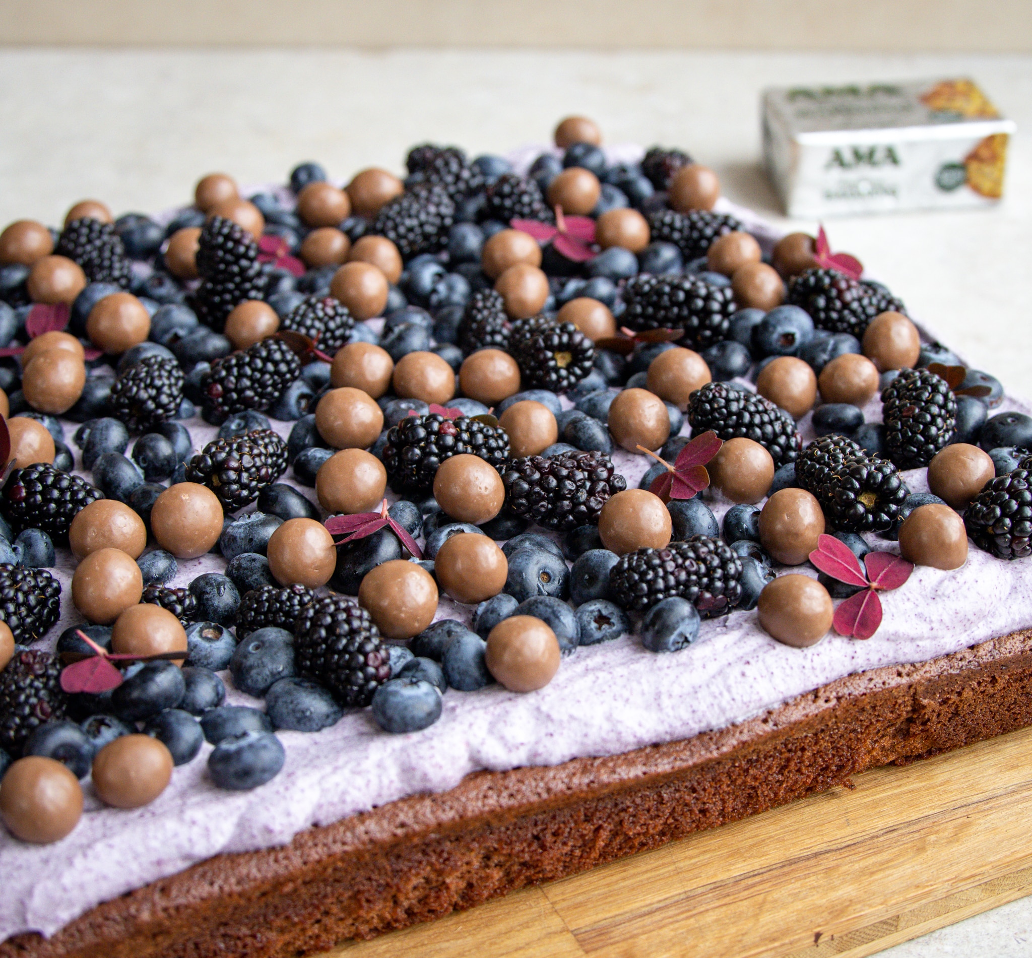 Bradepandechokoladekage med blåbærskum